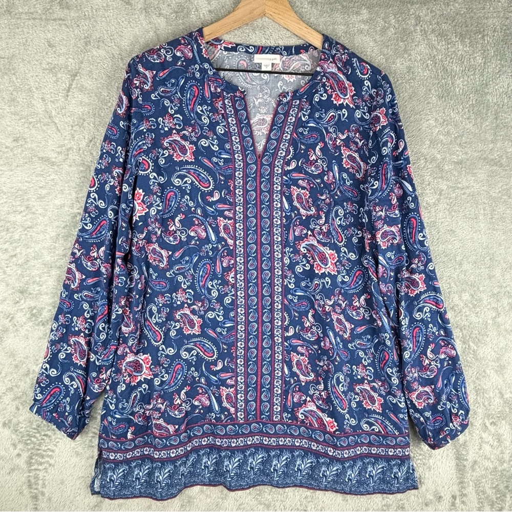 J. Jill Shirt Women‎ Medium Blue Paisley Bandana Tunic Top Split V-Neck Peasant
